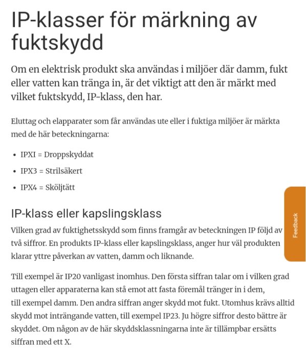 IP-klasser för märkningsstandarder som visar fuktskyddsnivåer för elprodukter, med exempel på IPX1, IPX3 och IPX4 klassificeringar.