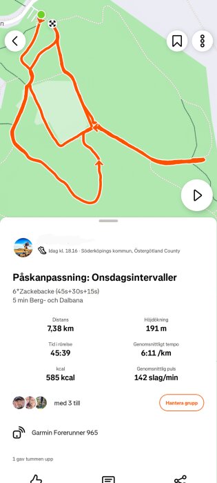 Karta över löprunda på 7,38 km med detaljer som tid, tempo och kaloriförbrukning, genomförd i Söderköpings kommun.