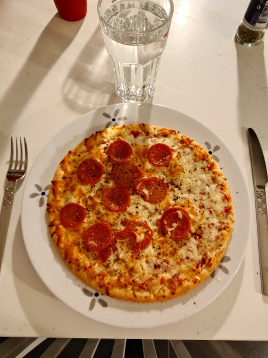 Pizza med pepperoni på en tallrik bredvid ett glas vatten, bestick och kryddor på ett bord.