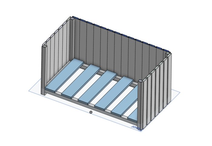 3D-modell av en öppen förvaringsbox fäst vid en vägg, med tre sidor och botten av breda brädor för kuddar och madrasser.