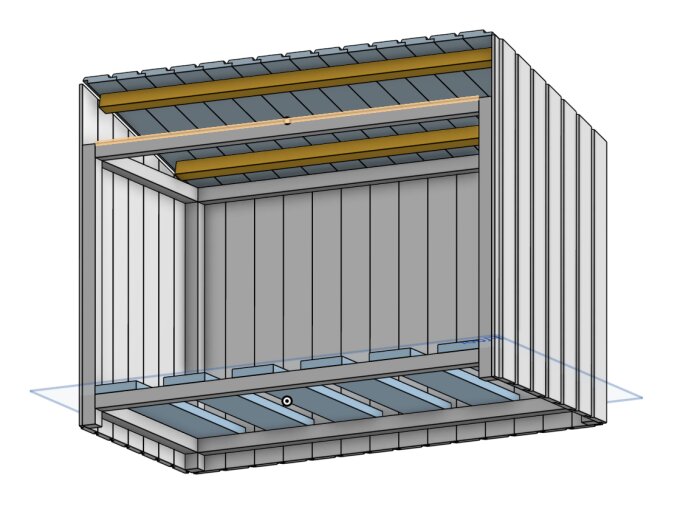3D-modell av förvaringsbox för utemöbler, tre väggar och lock synliga. Konstruktionsdetaljer: reglar, trallgolv och ytterpanel.