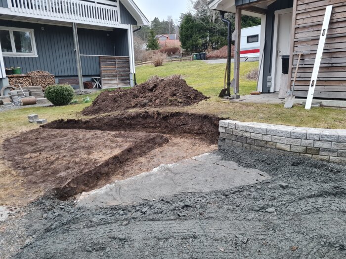 Utgrävning för förlängning av mur och trappsteg på gård bredvid ett hus, med jordhögar och byggverktyg i bakgrunden.
