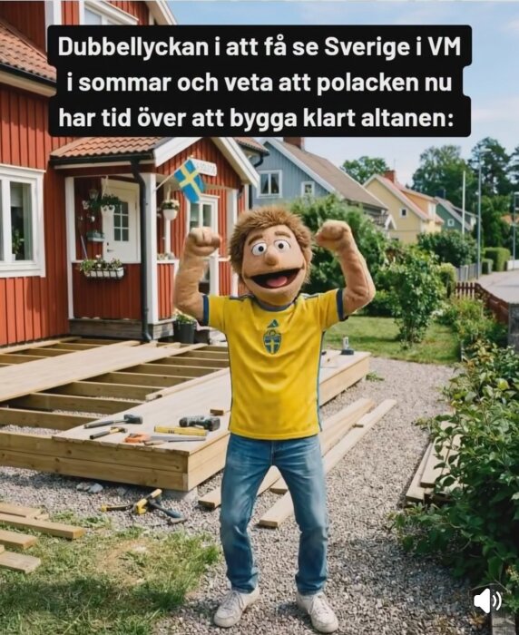 Person med tröja i svenska landslagets färger står framför en ofärdig altan vid ett rött hus med svenska flaggor, glad och höjer armarna i luften.