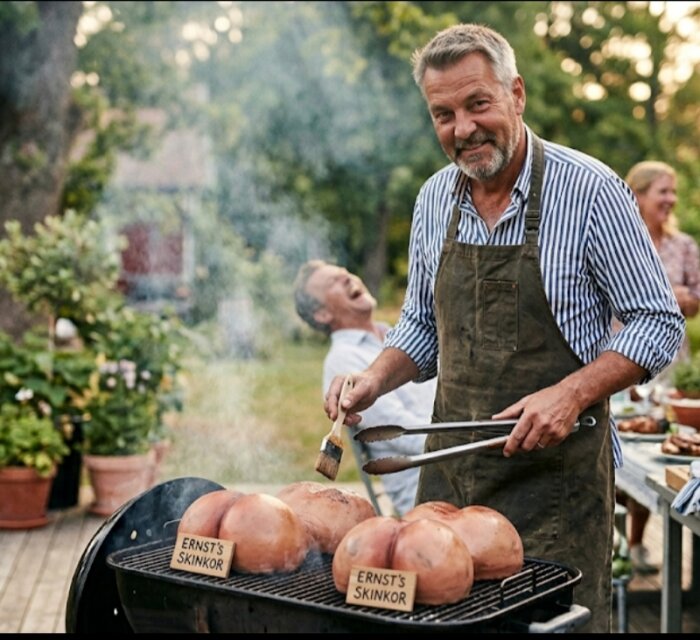 Man grillar stora skinkor på en utegrill, med en glad bakgrund. Skinkorna är märkta "Ernst's Skinkor".