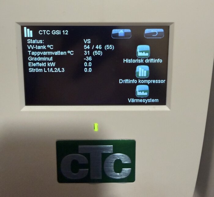 Display på CTC värmepump visar VV-tank 54°C och tappvarmvatten 31°C vid fullt öppen varmvattenkran.