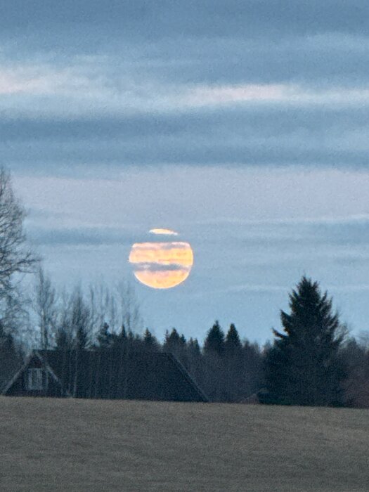 Måne syns bakom träd med molnstrimmor på himlen, silhuett av ett hus och skog i förgrunden, kvällsstämning.