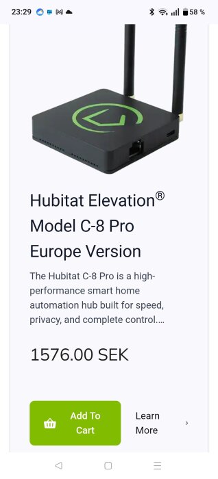 Hubitat Elevation Model C-8 Pro Europe Version smart hub, pris 1576 SEK, med knappar för "Add To Cart" och "Learn More".