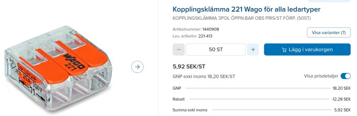 Kopplingsklämma Wago 221, trepolig, visas med pris per styck och möjlighet att välja antal i varukorgen.