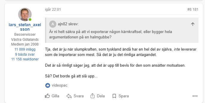 En skärmdump från ett diskussionsforum om energiexport och kärnkraftsdebatt. Användaren lars_stefan_axel_sson svarar på ajn82:s fråga.