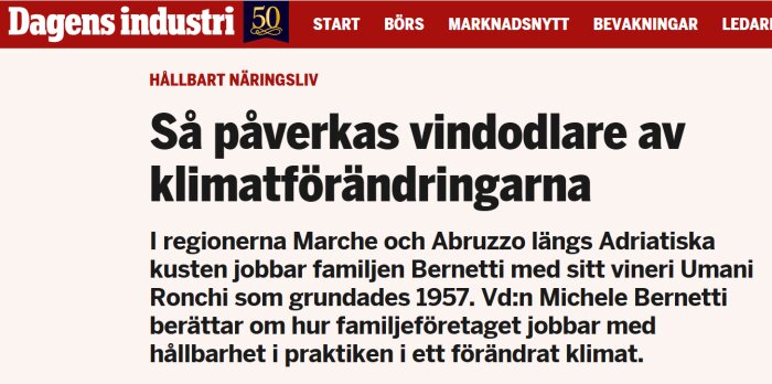 Tidningsartikel om hur klimatförändringar påverkar vinodlare, med fokus på hållbarhet i familjeföretaget Umani Ronchi i Marche och Abruzzo.