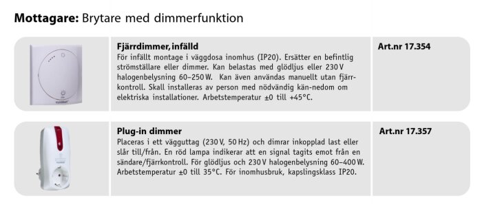Bild av två Waveman-dimmrar, en fjärrdimmer för infällt montage och en plug-in dimmer för vägguttag, med beskrivningar och artikelnummer.