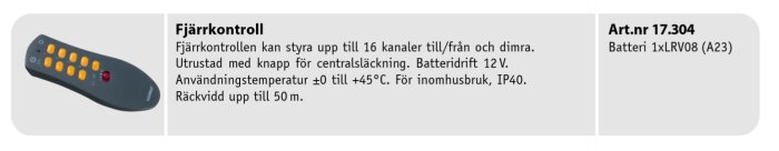 Fjärrkontroll för belysningsstyrning med orange knappar, kapabel att hantera 16 kanaler och centralsläckning, räckvidd upp till 50 m, batteridriven.