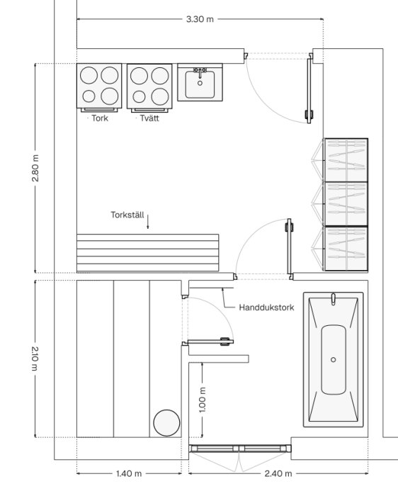 Planritning av badrum med bastu, badkar och rymlig dusch. Visar placering av inredning och mått: 3,30 x 2,80 m, bastu 1,40 x 2,10 m.