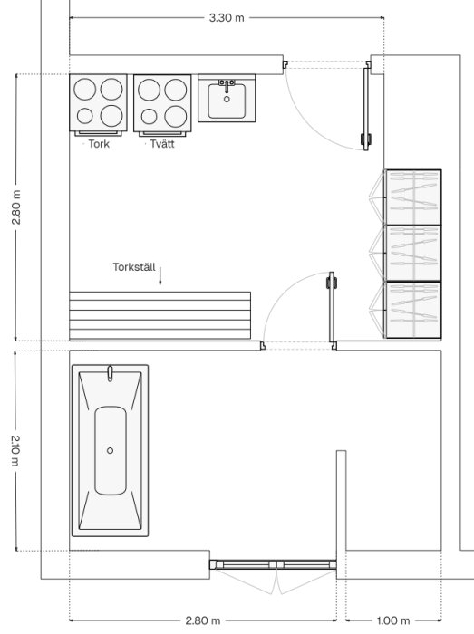 Planritning av badrum med badkar, torkställ, och två dörrar. Mått anges: 3,30 m x 2,80 m och 2,10 m x 2,80 m. Kök med diskho och vitvaror.