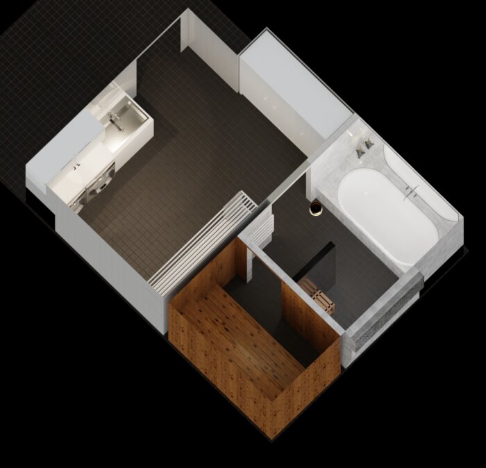3D-rendering av ett badrum med bastu, badkar, dusch och handfat. Platsbyggd förvaring, samt torktumlare/sorteringsutrymme visas.
