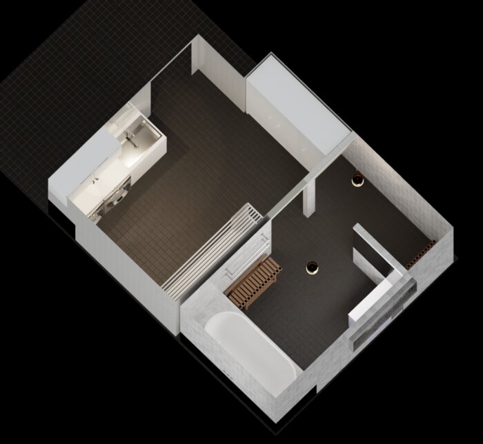 3D-rendering av ett badrumsalternativ från ovan, med badkar, rymlig dusch, bastu, och förvaring i ett modernt designat utrymme.
