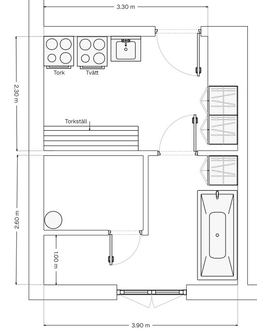 Planritning av ett rum med torkmaskin, tvättmaskin, tvättställ, badkar och torkställ. Mått: 3,90 x 2,60 meter.