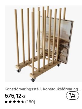 Förvaringsställ för konstdukar med hjul, trästänger för att hålla dukar. Priset är 575,12 kr, med betyg 160 stjärnor.