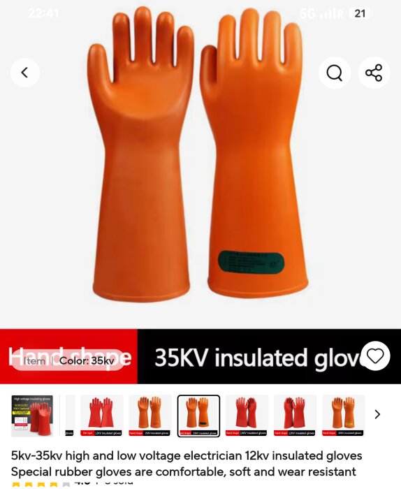 Orange isolerhandskar för elektriker, 5kv-35kv, visas på vit bakgrund.