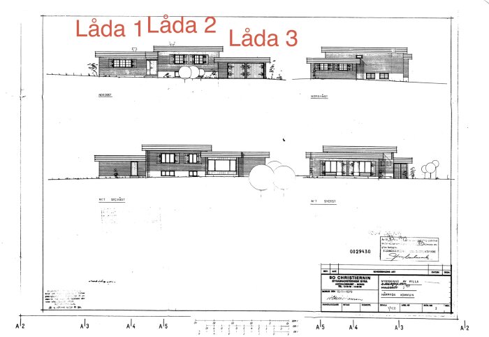 Arkitekturritning av ett hus med tre separata delar märkta "Låda 1", "Låda 2" och "Låda 3", som visar olika vyer av byggnaden.