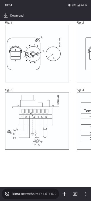 Diagram av elektrisk koppling för en brytare med märkning för ström, anslutningar och maximal belastning 3220 W, 14 A.