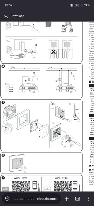 Instruktionsbilder för att installera en termostat, inklusive kabeldragning, montering av panel och appstöd med QR-koder.