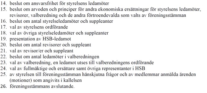 Dagordning för föreningsstämma med punkter om beslut och val av styrelsemedlemmar och revisorer, presentation av HSB-ledamot och avslutning.