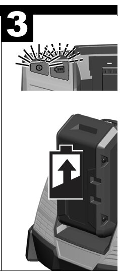 Instruktion för att installera ett verktygsbatteri, med pil som visar riktningen och ikoner för statusindikatorer.