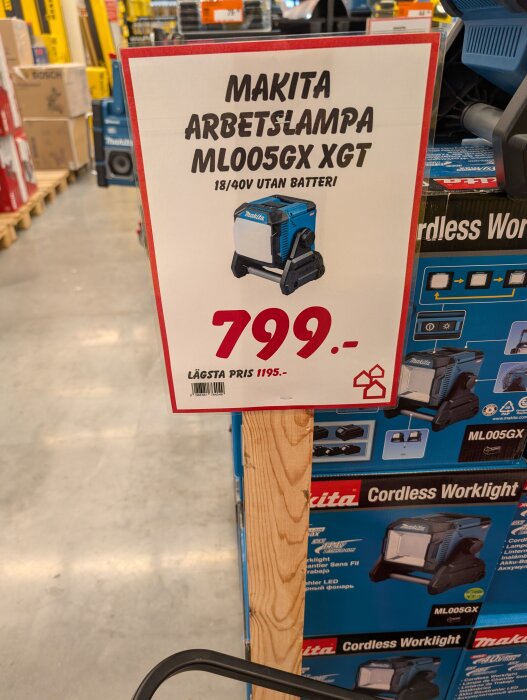 Affisch för Makita arbetslampa ML005GX XGT 18/40V utan batteri, pris 799 kr.
