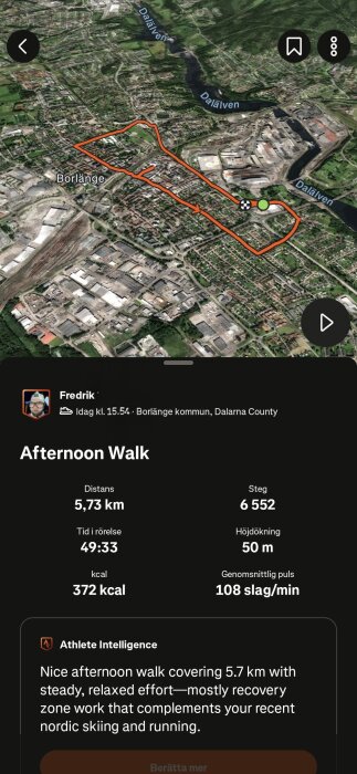 Karta över promenadrutt i Borlänge, 5,73 km lång med statistik om tid, steg, höjdökning och puls.