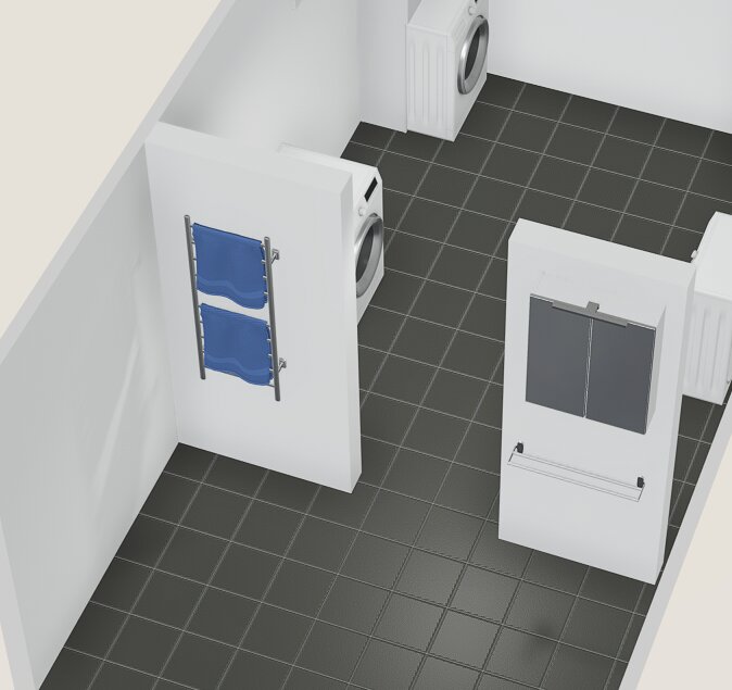 3D-planering av ett badrum med svart klinkergolv, tvättmaskin, handdukshängare och spegel, med fokus på layout och förvaringsmöjligheter.