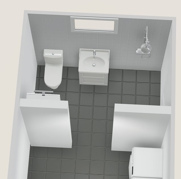 Badrumsdesign med WC, handfat, dusch och tvättmaskin, centrerat fönster ovanför kommod. 3D-vy med mörkt klinkergolv och ljusa väggar.