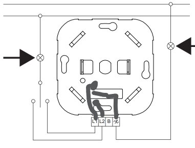 Schematisk illustration av elinstallation med kopplingskablar för strömbrytare som visar inkoppling av ledningar till L1, L2 och B.