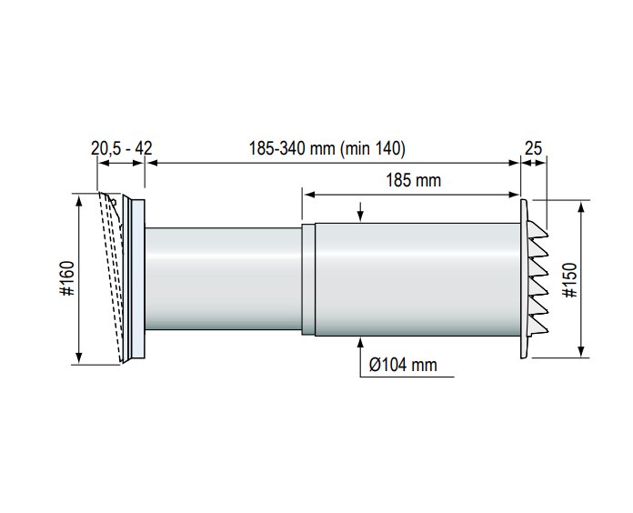 Fresh TL100DE ventilers yttermått och specifikationer, inklusive längderna 185-340 mm, diameter 104 mm, och ytterstos 185 mm.