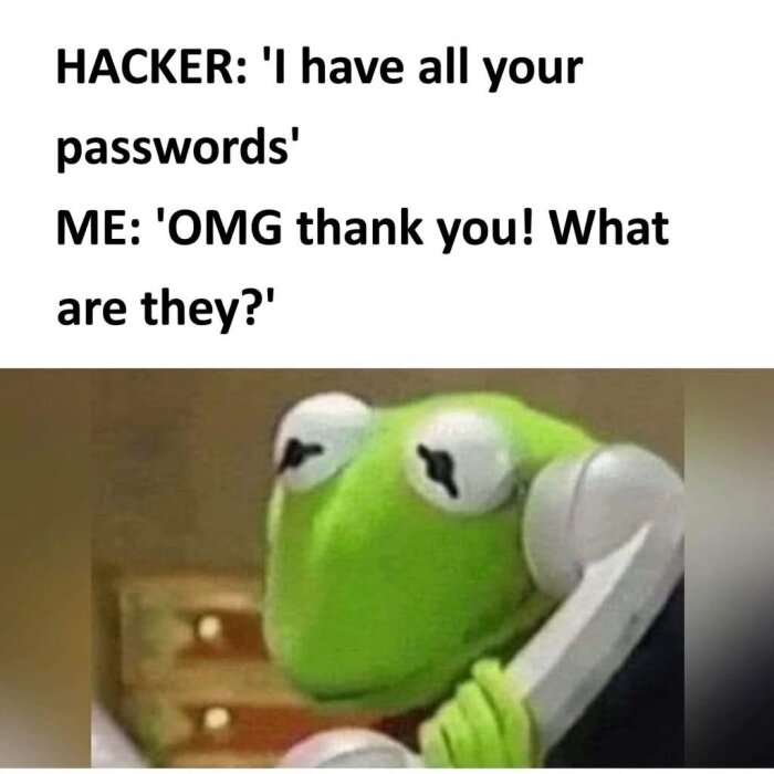 Grön groda på telefon med text ovanför: 'HACKER: I have all your passwords' och 'ME: OMG thank you! What are they?'.