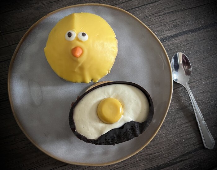 På ett fat ligger två påskbakelser: en rund gul med ögon och näbb som liknar en kyckling, och en chokladformad halv ägghalva.
