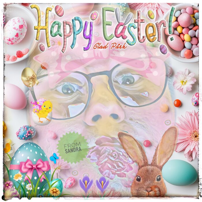 Påskbild med färgglada ägg, blommor, en kanin och ett animerat kycklingmotiv. Texten "Happy Easter" och "Glad Påsk".