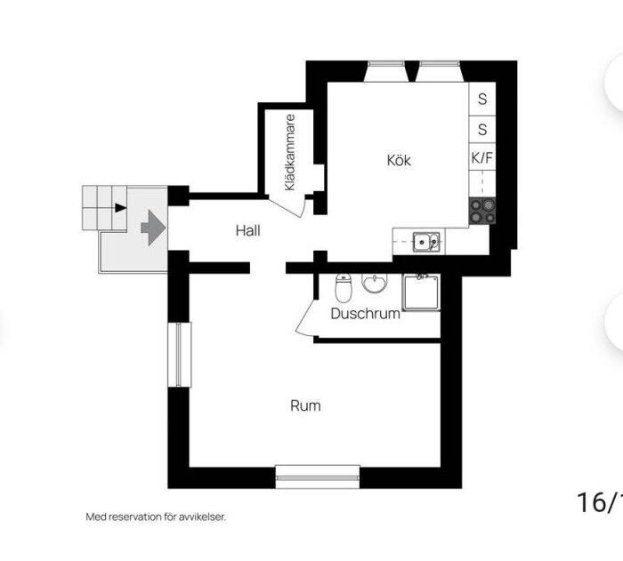 Planritning av 48 kvm bostadsrätt med kök, vardagsrum, duschrum, hall och klädkammare. Diskussion om sovrumslösning.