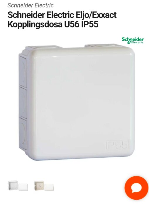 Bild på Schneider Electric Eljo Exxact kopplingsdosa U56 IP55 i vit färg. Visar en sluten kapsling för kabelinstallationer.