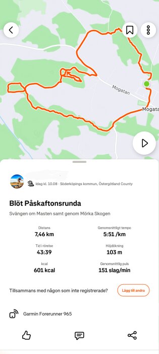 Löprunda på karta i Söderköpings kommun, 7,46 km, tid 43:39, 601 kcal, höjdökning 103 m, genomsnittlig puls 151 slag/min. Garmin Forerunner 965 användes.