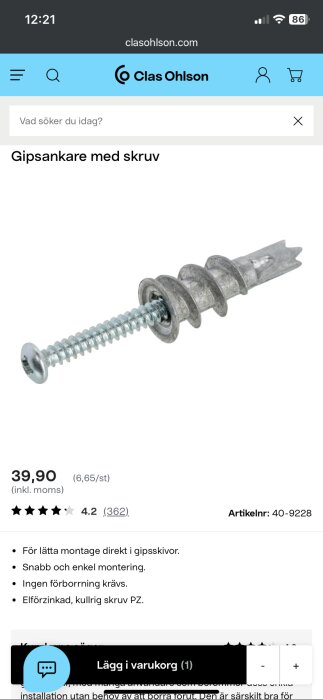 Gipsankare med skruv från Clas Ohlson, lämpligt för montering i gipsskivor utan förborrning, artikelnummer 40-9228.