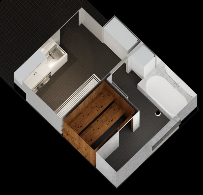 3D-ritning av badrum och tvättstuga, visar korridorsliknande layout med separat badkar och dusch, trädetaljer och avskiljande väggar.