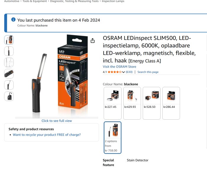 OSRAM LEDinspect SLIM500 inspektionslampa i svart, med flexibel design, magnet och krok. Förpackning och olika produktbilder visas.