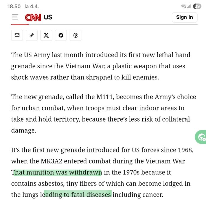 Skärmdump från CNN-webbplatsen om den nya amerikanska handgranaten M111, som använder stötvågor istället för splitter, introducerad efter Vietnamkriget.