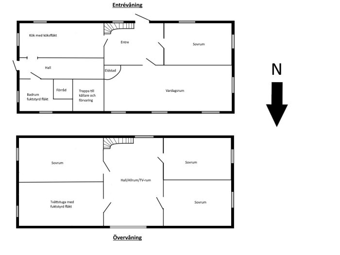 Planskiss av hus med entréplan och övervåning, visar rum som kök, sovrum, vardagsrum och badrum, samt riktningen norr markerad med pil.
