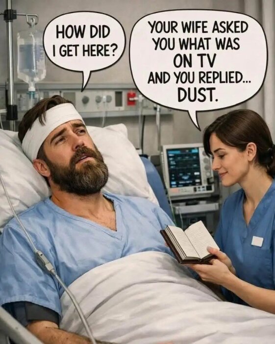 Patient med bandage i sjukhussäng pratar med sköterska som läser ur en bok, humoristisk dialog i pratbubblor om TV och damm.