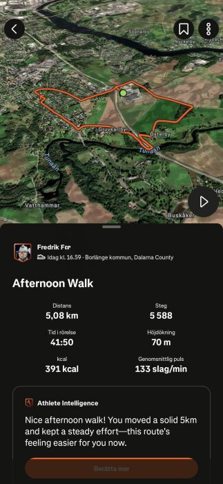 Satellitvy av en promenadrutt på 5,08 km i Borlänge kommun. Inkluderar tid 41:50, steg 5 588, höjdökning 70 m, förbrända kalorier 391.