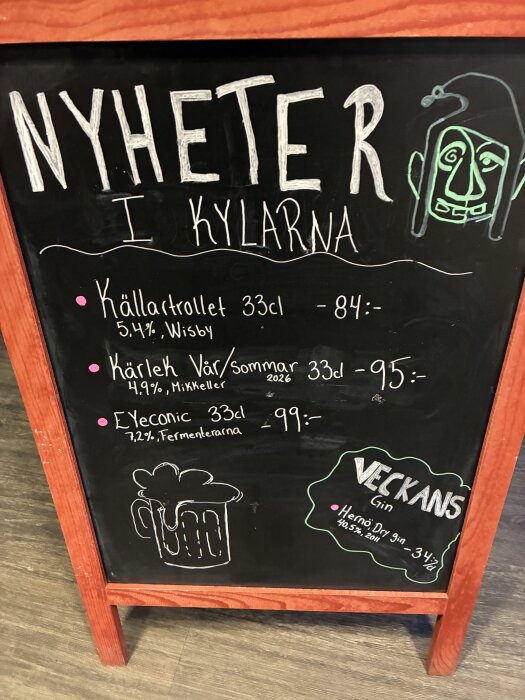Svart griffeltavla med texten "Nyheter i kylarna" och olika ölsorter listade med priser. Illustrerad figur och ölglas.