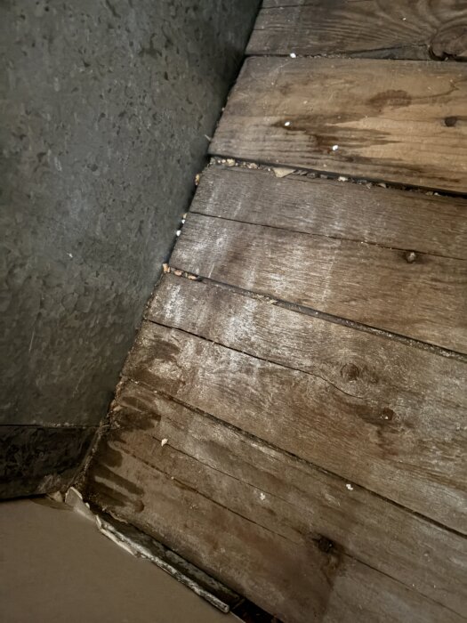 Träplankor med fläckar nära en ventilationskanal på en kall vind, vilket kan indikera fukt- eller kondensationsproblem.