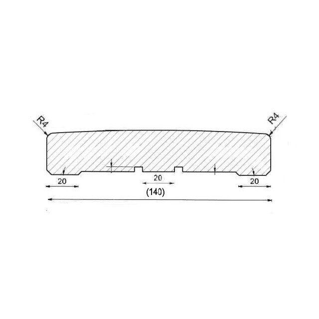 Ritning över kärnfurutrall 140x28 mm, visar dimensioner och profil med kupad yta och spår på undersidan, för planering av bearbetning.